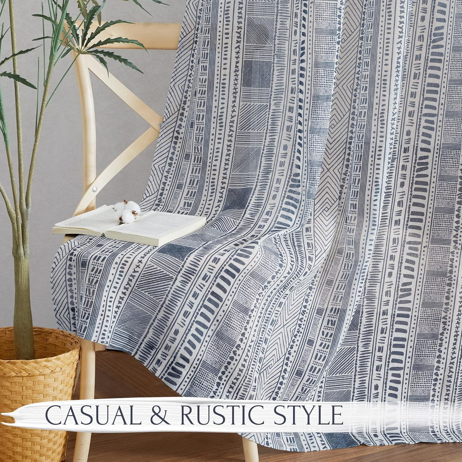 NICETOWN Boho Curtains 84 Inch length 2 panels set, Semi Sheer Linen Curtains Light Filtering Wrinkle Free Country Rustic Farmhouse Grommet Drapes for Bedroom Living Room, Navy Blue, 1 Pair