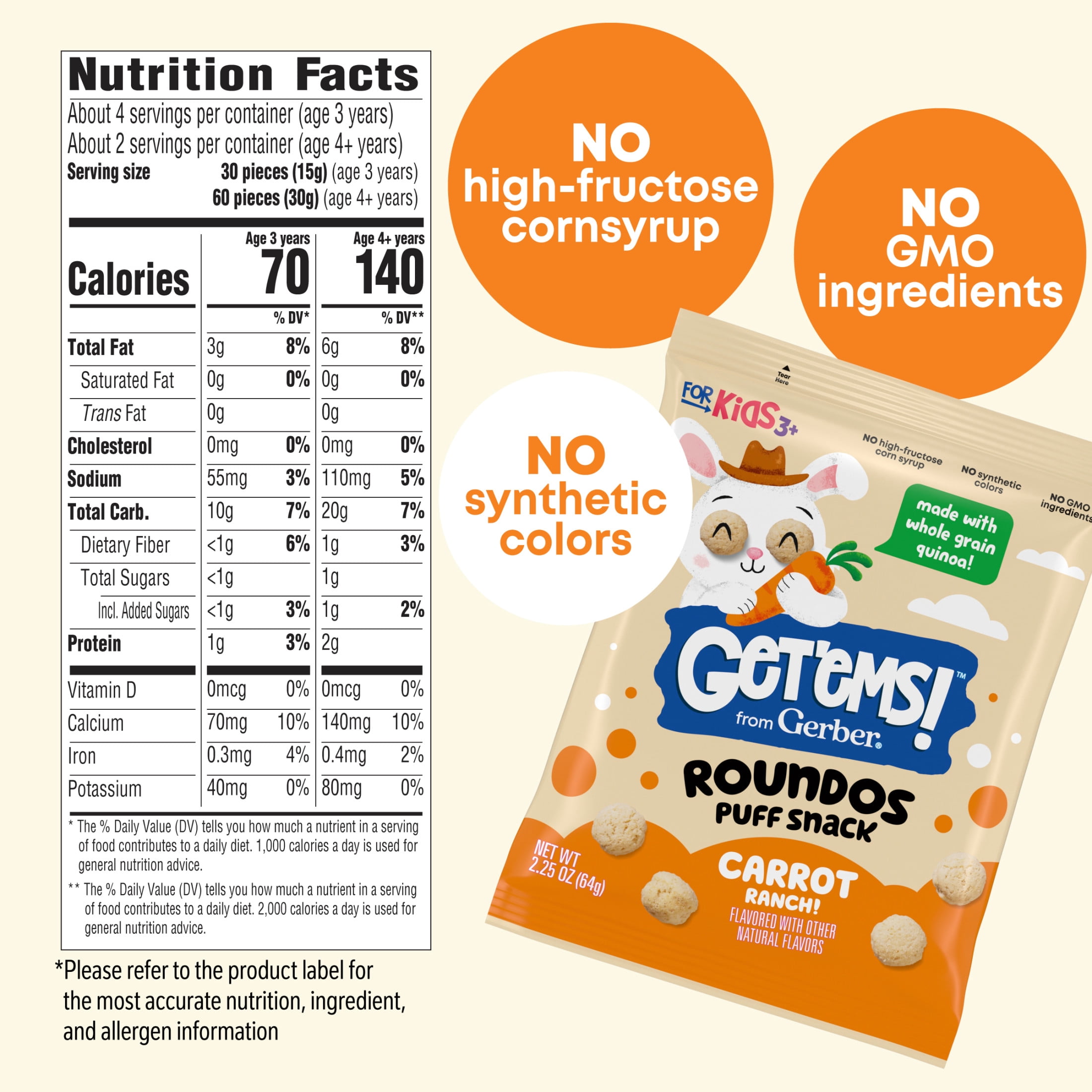 (2 pack) Get'ems from Gerber Carrot Ranch Roundos Puffs Snacks, Kids Snack Made with Whole Grain Quinoa, Calcium to Support Strong Bones 2.25 oz