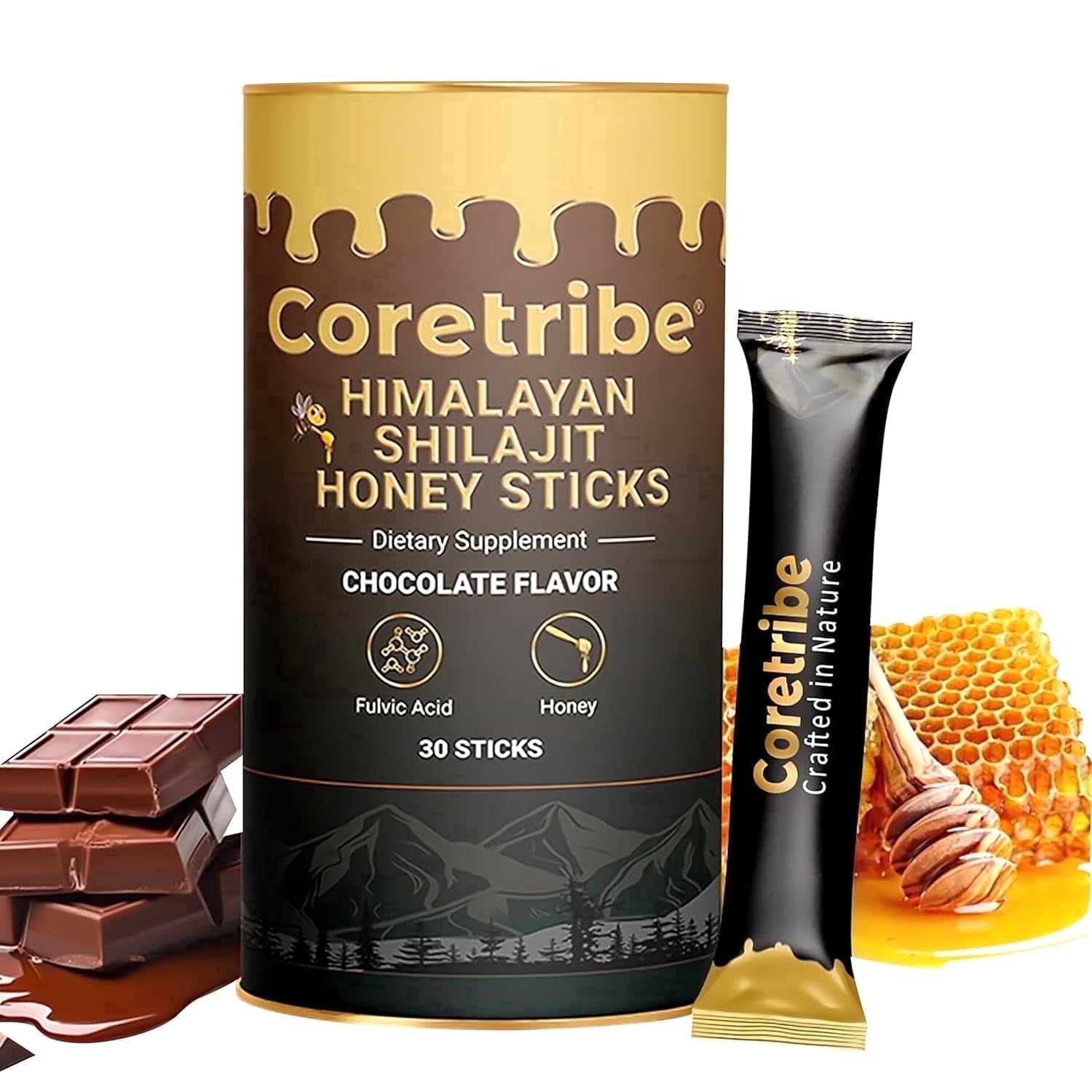 CoreTribe® Shilajit Resin, Chocolate Honey Sticks—Energy, Immunity, Fulvic Acid Men and Women 30 Sticks