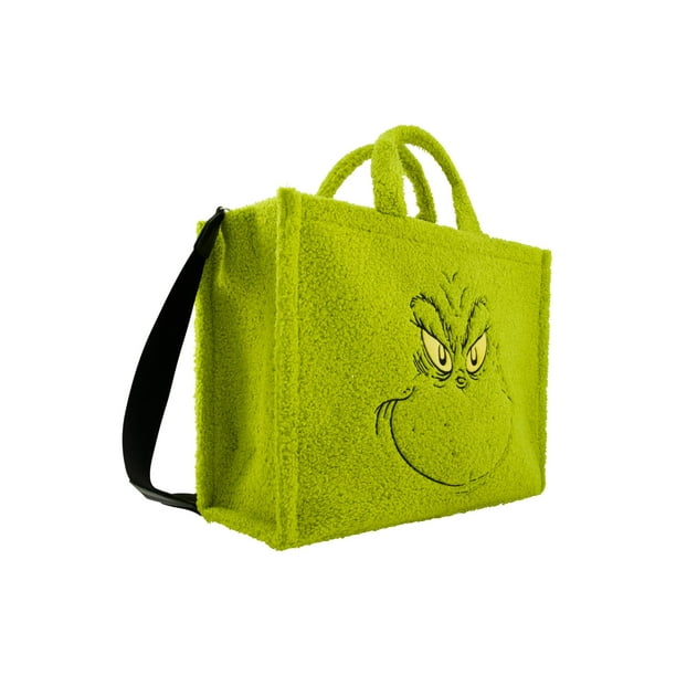 Dr. Seuss The Grinch Tote Bag, Faux Fur Travel Handbag with Adjustable Shoulder Strap and Trolley Sleeve, Green