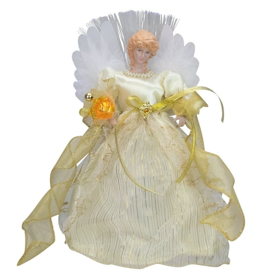 Kurt Adler 12" Ivory and Gold Lighted Angel Christmas Tree Topper - Clear Lights