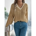 thumbnail image 4 of Women'S Long Sleeve V Neck Cable Knit Sweater 2025 Fall Pullover Top Cute Soft Dressy Casual Outfits Khaki S, 4 of 8