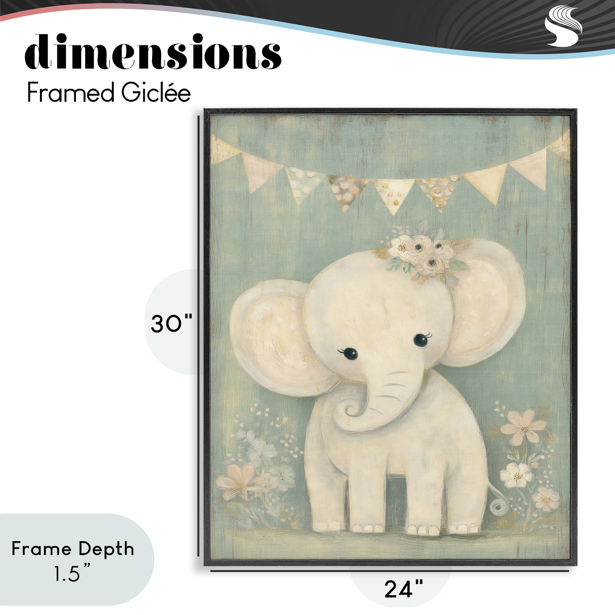 Stupell Industries Elephant with Overhead Banner Black Framed Giclee Art, design by Ink Drop Loft