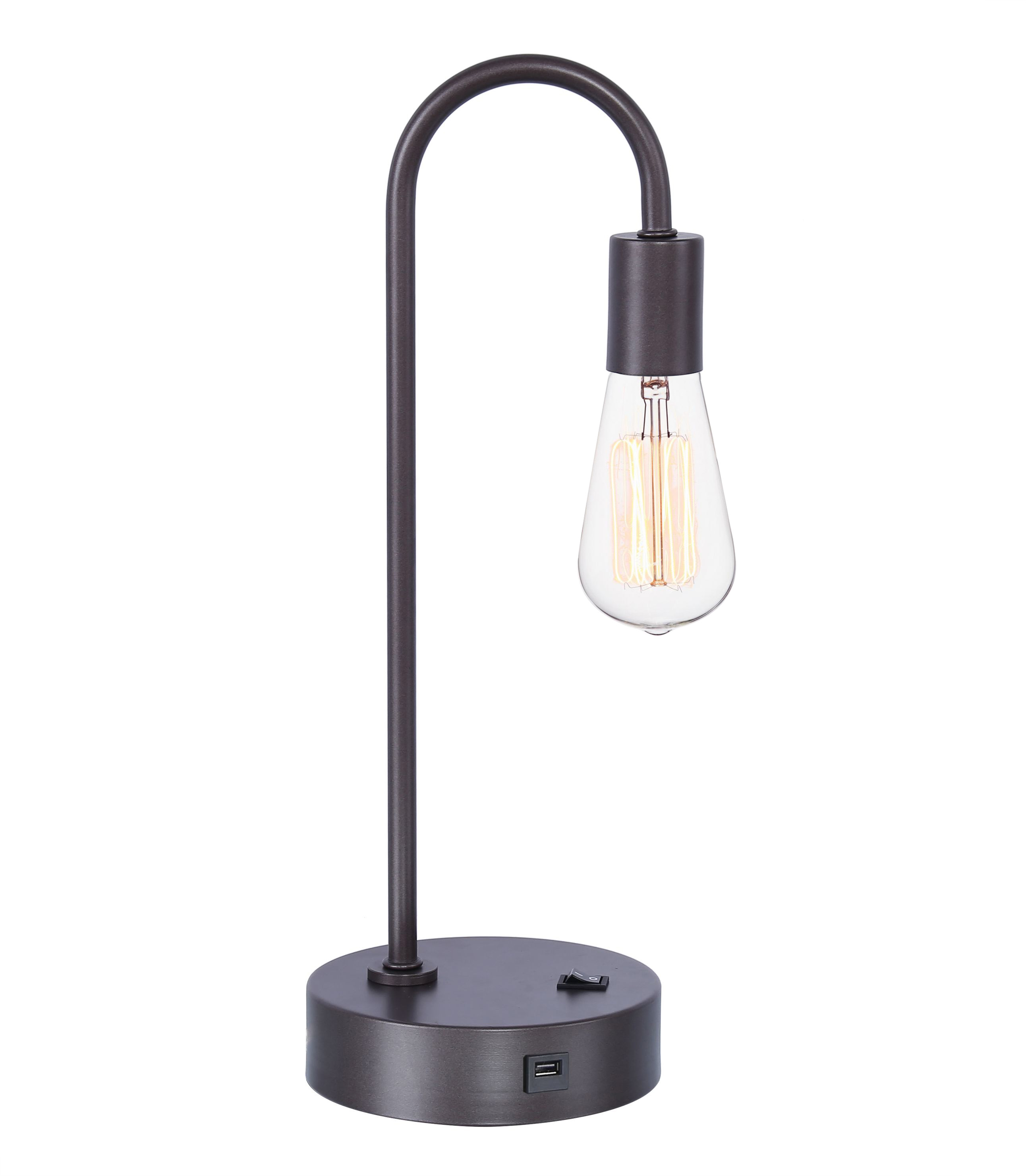 Grandview Gallery 17" Minimalist Slate Gray Desk Lamp ft. Built-In USB Port, Sleek Body, Exposed Bulb Design, and Convenient Rocker Switch
