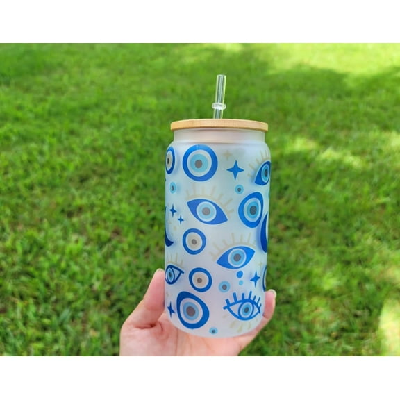 Evil Eye Beer Can Glass | Boho Coffee Glass | Aesthetic Coffee Glass | 16 oz