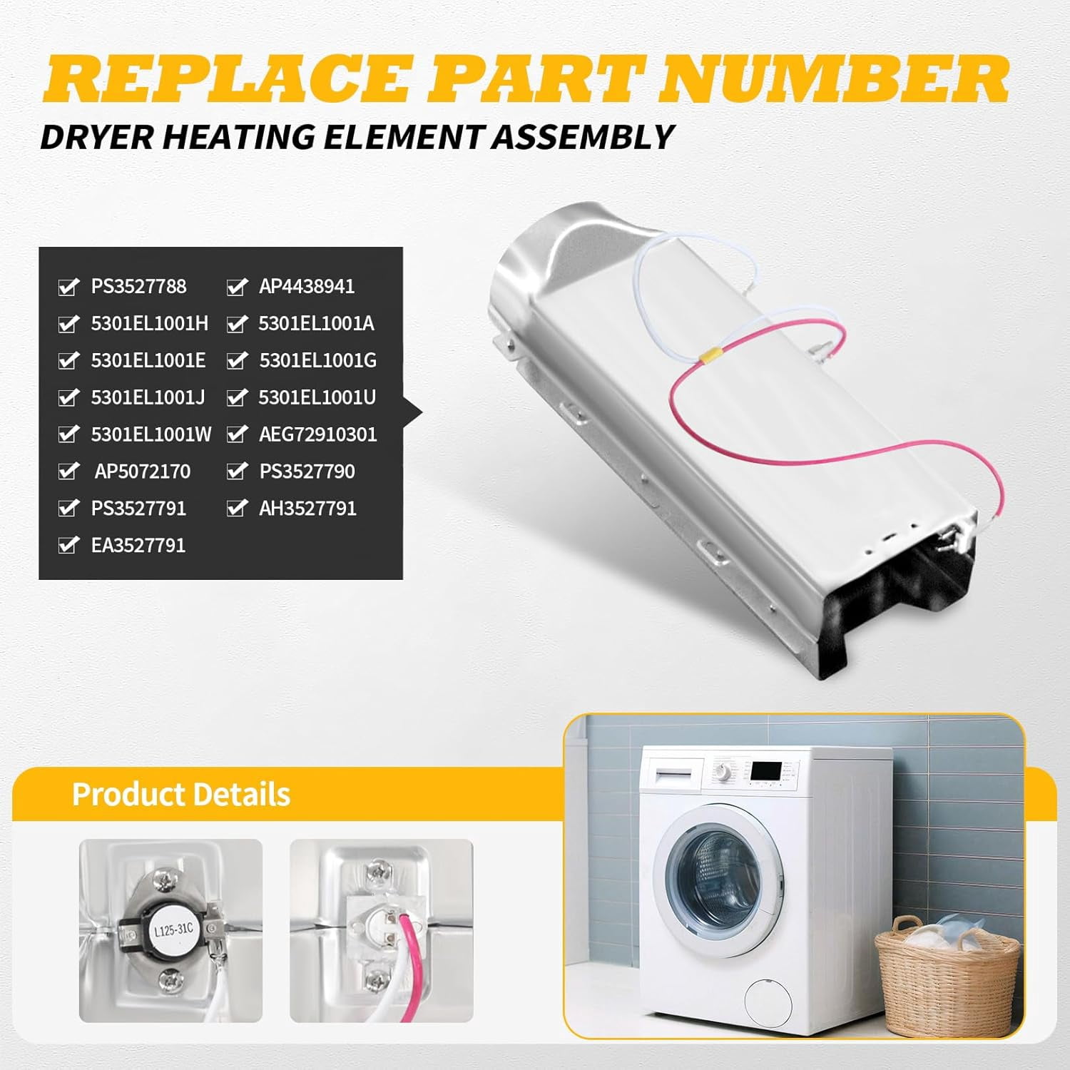 Upgraded Dryer Heating Element Assembly 5301EL1001J Replacement for LG DLE5977W DLE2240W DLE3170W, Fits 5301EL1001A 5301EL1001E 5301EL1001H 5301EL1001G 5301EL1001U