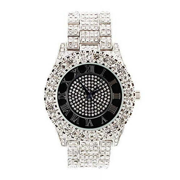 Bling-ed Out Round Metal Mens Color on Blast Silver Tone Watch with Diamond Time Indicators - Ice on Fire!!! - ST10327DxxS (SD Silver-Black)