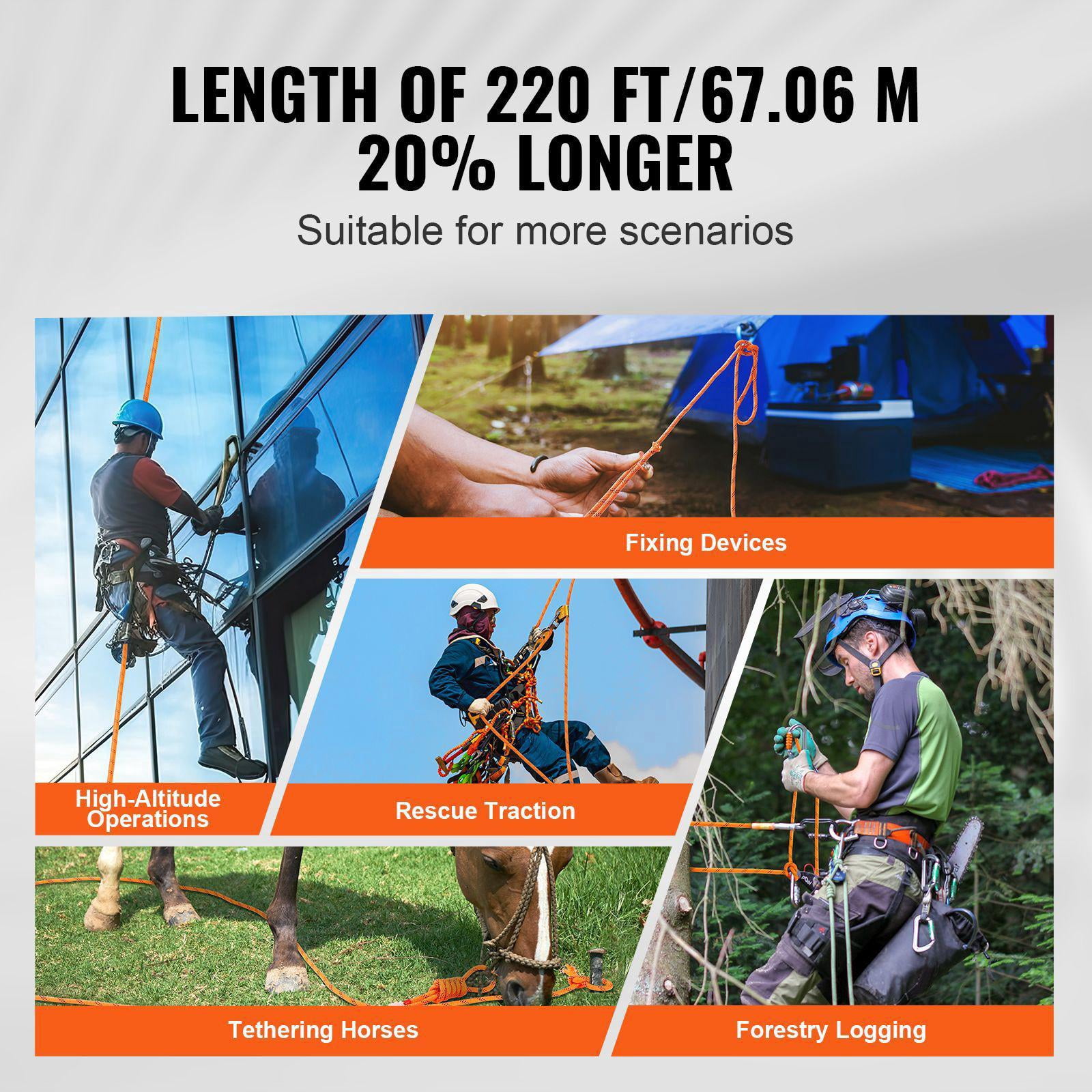 Double Braided Polyester Rope 3/4 Inch x 220 Feet 24 Strands 20000 LBS Breaking Strength Arborist Rigging Rope for Rock Climbing Hiking Camping Swing Rappelling Rescue Orange Black