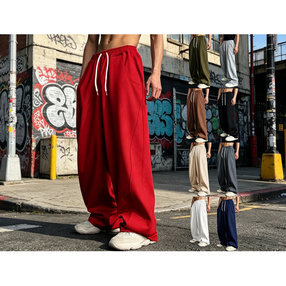 Men's Big and Tall Wide Leg Baggy Sweatpants, Elastic Waist Drawstring Casual Joggers Pants with Pockets, Loose Streetwear Workout Gym Trousers Size S-3XL Red