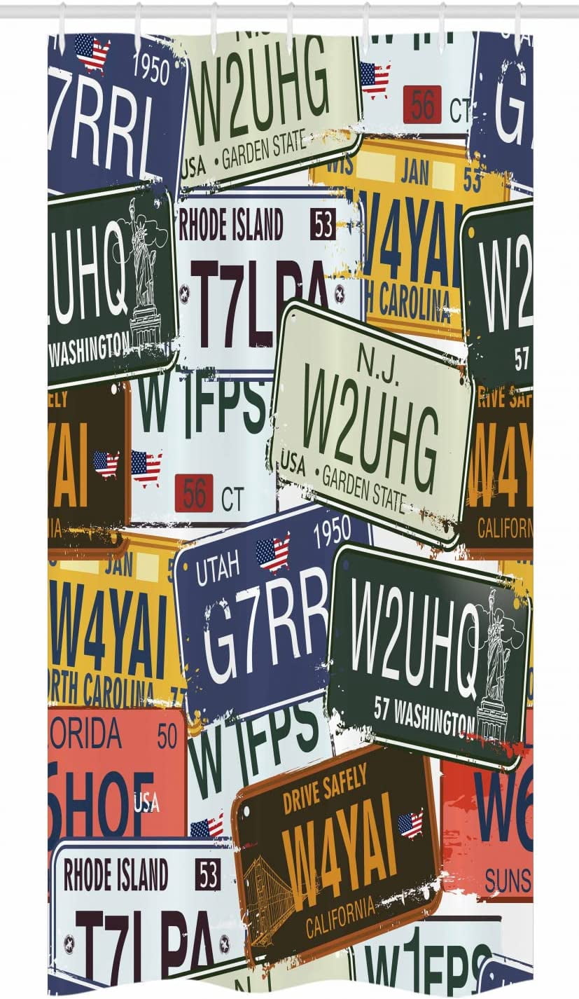 Vintage Stall Shower Curtain, Original Retro Style License Plates Personalized Creative Travel Vacation, Fabric Bathroom Decor Set with Hooks, 36" W x 72" L, Green Blue Yellow