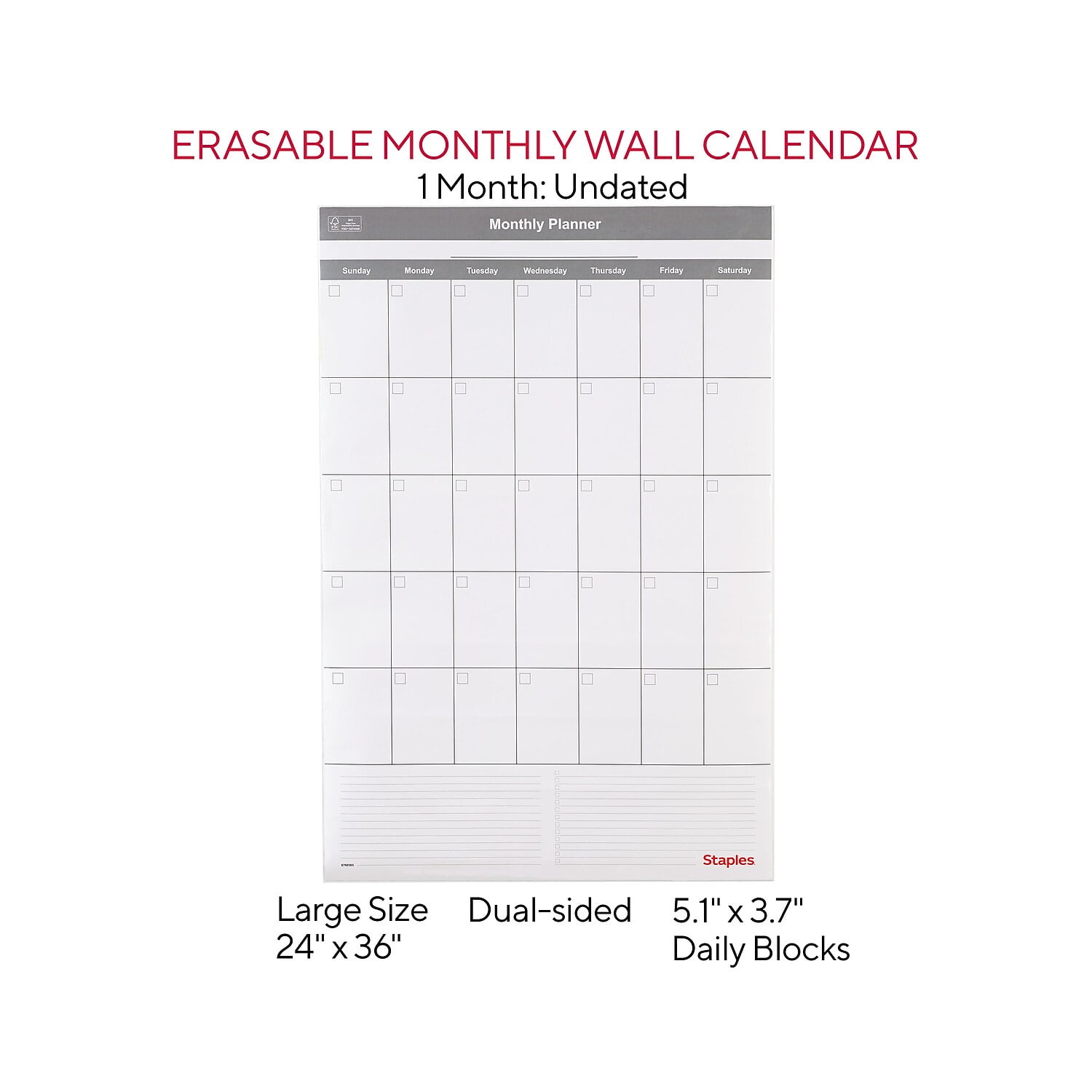 Staples 24" x 36" Monthly DryErase Wall Calendar Reversible White/Gray