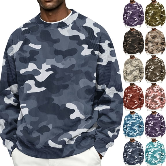 IAJDKMEK Men's Camo Corduroy Crewneck Sweatshirt - Loose Fit Long Sleeve Pullover Top for Men, Camouflage Print Casual Sweatshirt for Outdoor