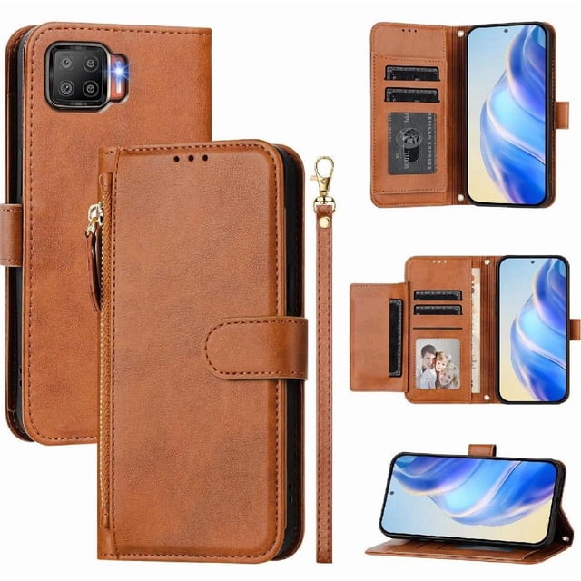 Filp Case for OPPO F17 Zipper Pocket Magnetic Flip Wallet Phone Case with 7 Card Slots and Wrist Strap