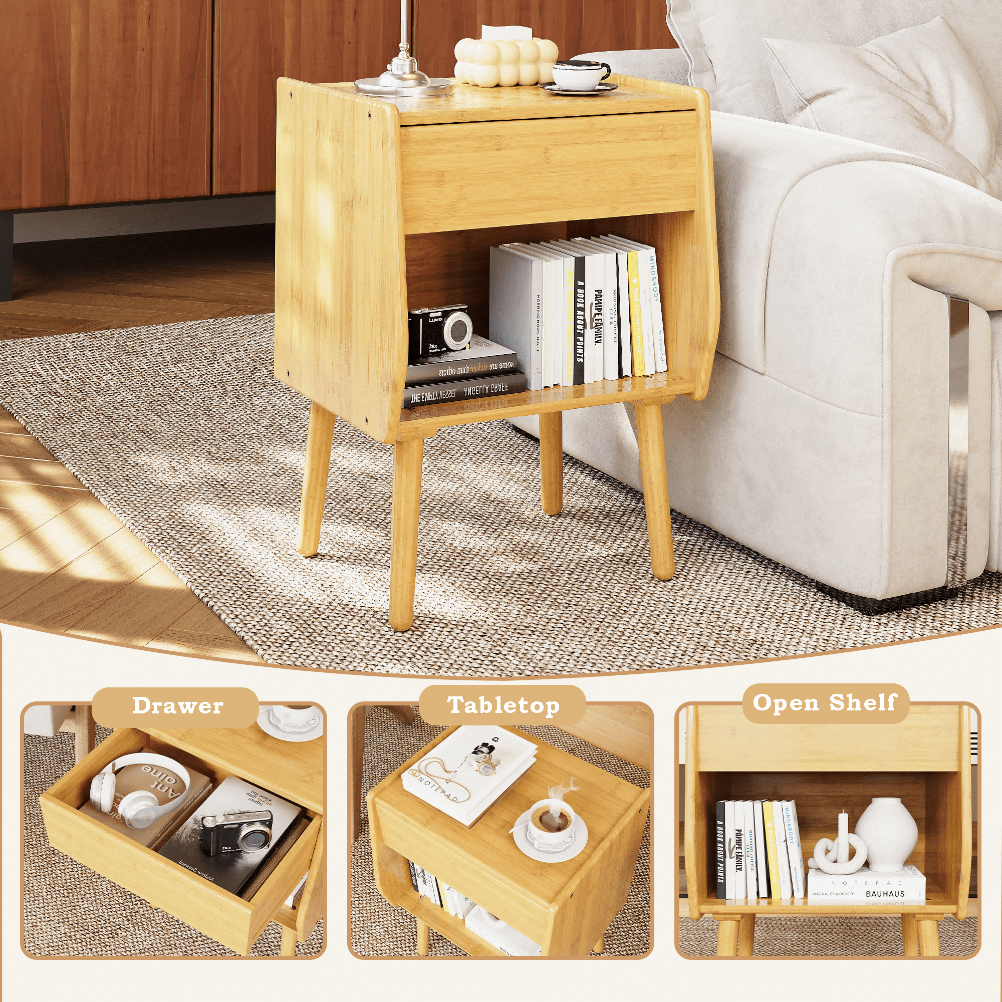 ULIESC Bamboo Nightstand with Drawer, Modern Nightstand with Open Shelf, Natural Wood Bedside Table