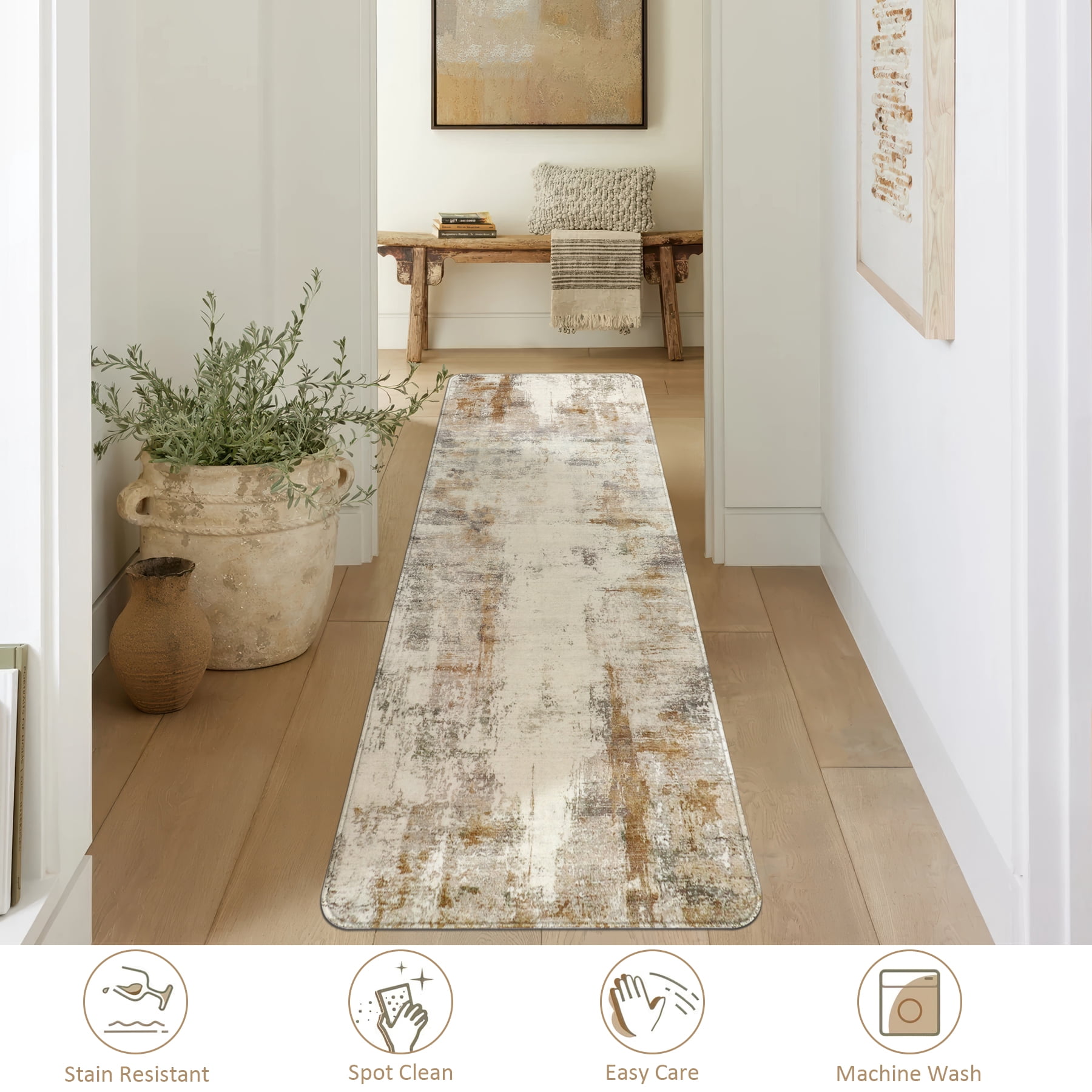 Aonewoe Modern Abstract Hallway Runner Rug 2x10, Washable Runner Rug, Non Slip Kitchen Runner Rugs, Soft Carpet Runners for Hallway Kitchen Bathroom Bedroom Entryway (Beige)