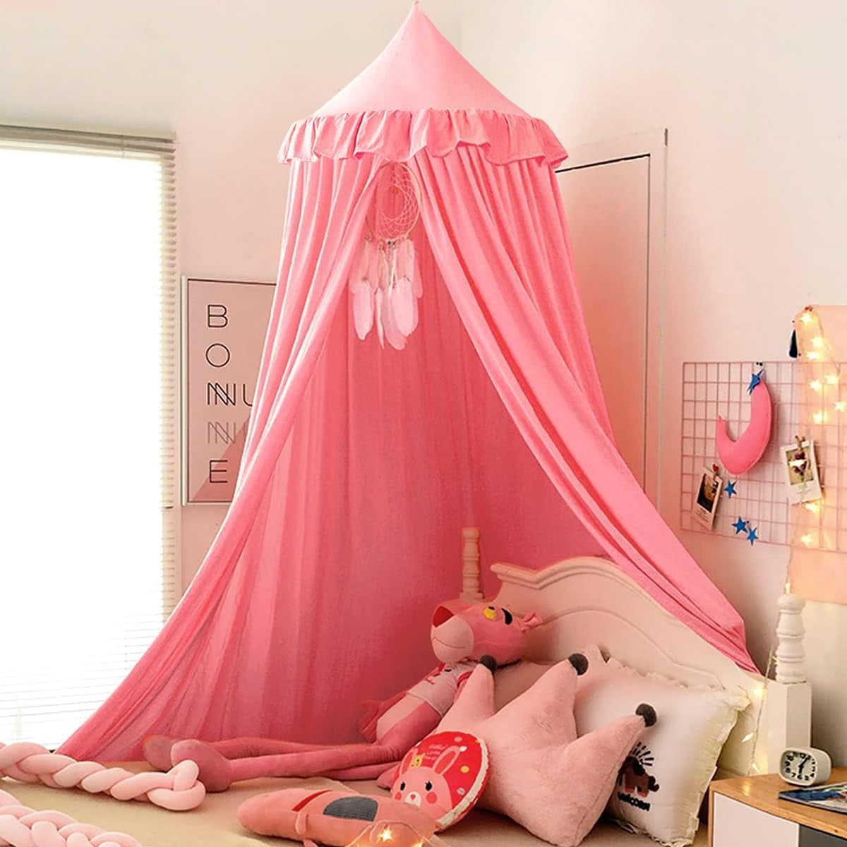 Decor Canopy for Kids Bed, Soft Smooth Playing Tent Canopy Girls Room Decoration Princess Castle, Dreamy Mosquito Net Bedding, Children Reading Nook Canopies in Home (Nordic Pink)