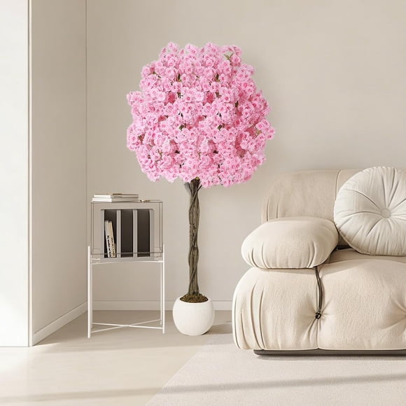 Artificial Cherry Blossom Tree, 5FT or 6FT Fake Pink Cherry Blossom Tree with White Pot, Lifelike Decorative Plant for Indoor Outdoor Garden Home Office Decor