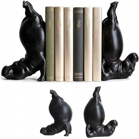 Hippo Bookends, Heavy Resin Animal Book Holders, Creative Yoga Hippo Statue — Resin Handstand Animal Figurine for Bookshelves, Desks, Offices, and Home Decor (Black,B)