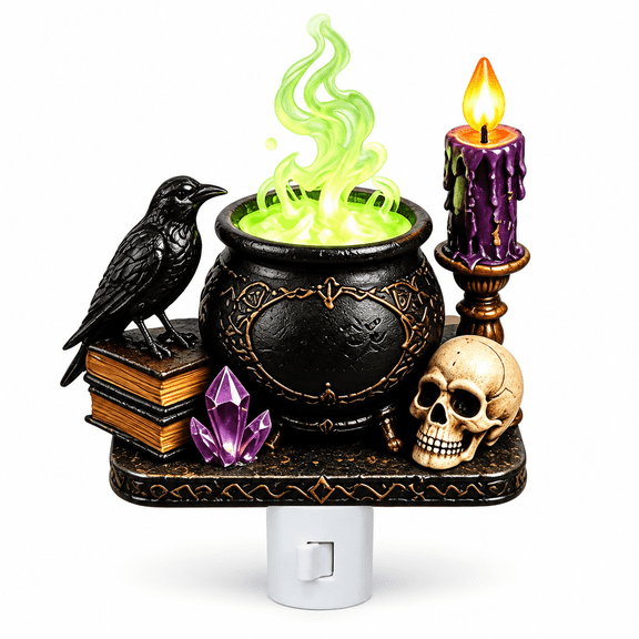 CZSCPDAW Halloween Plug-In Night Light with Raven, Cauldron and Skull, Gothic Decor, 3.94 x 3.94 in