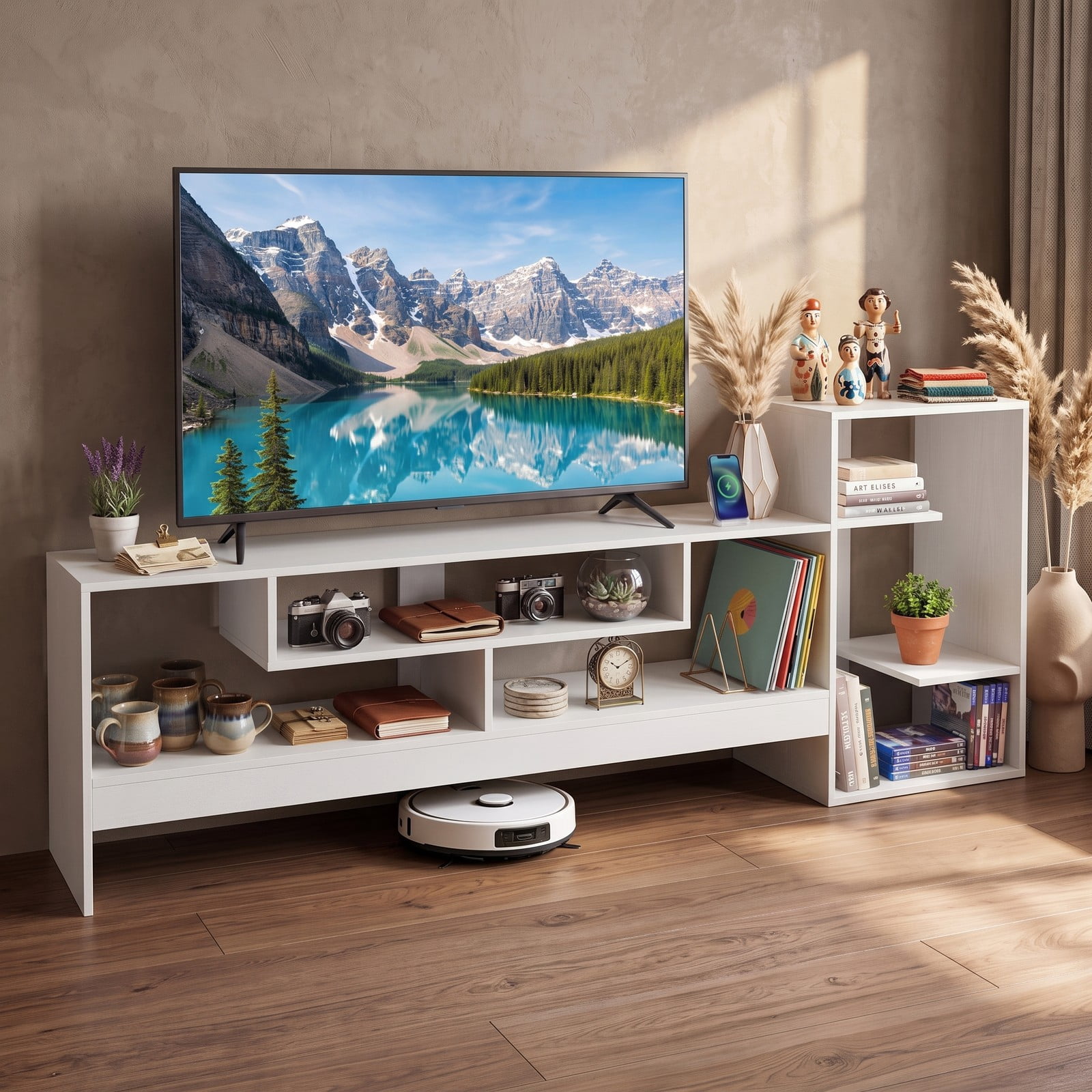 Furnibear Cube TV Stand for 55 Inch TV with Power Outlets, USB and Type-C Ports, Open Cube Storage Shelves, Entertainment Center Media Console for Living Room, White