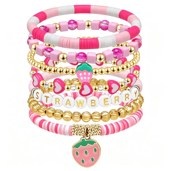 DESIGNICE Pink Strawberry Stackable Beaded Stretch for Girls Teens Charm Jewelry Gift | Strawberry Beaded Bracelets Pink Stackable Charm Bracelet for Women Jewelry