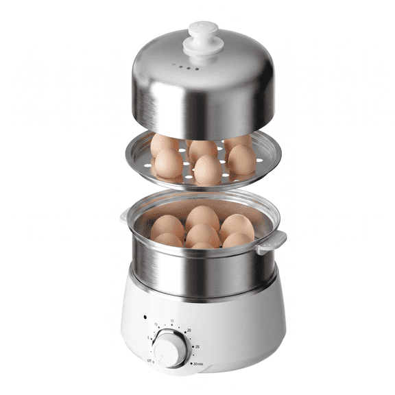 KEINVE Electric Egg Cooker and Steamer, 14 Capacity Double-Layer Stainless Steel Egg Maker with 30-Min Timer, 350W Rapid Hard Boiled Egg