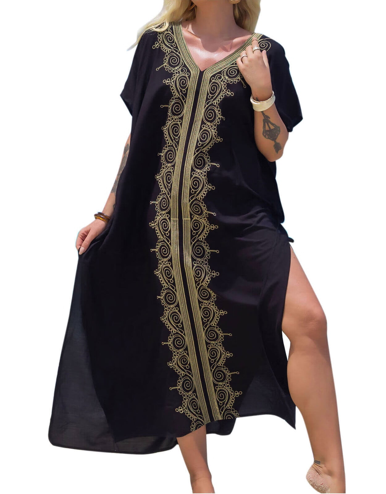 Plus Size Swimsuit Cover Up for Women Vintage Gold Print Kaftan Dresses