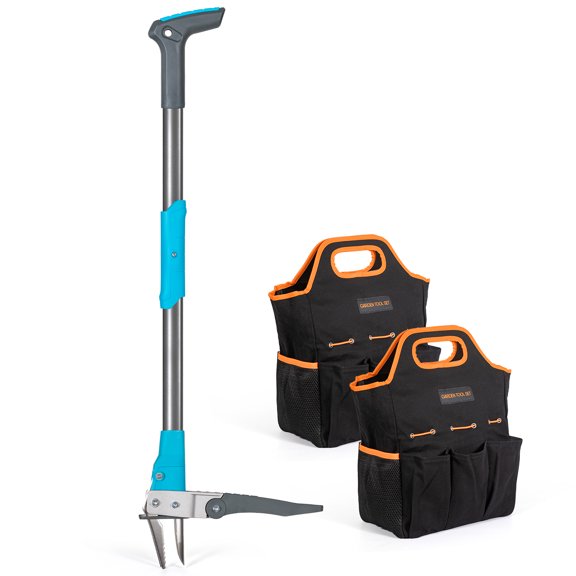 ROYALGARDEN Weed puller with 2 garden tool bags, 40in long standing weeder, garden weeding tools with 3 claws, fiberglass foot pedal, Ergonomically designed weed picker for easy weed