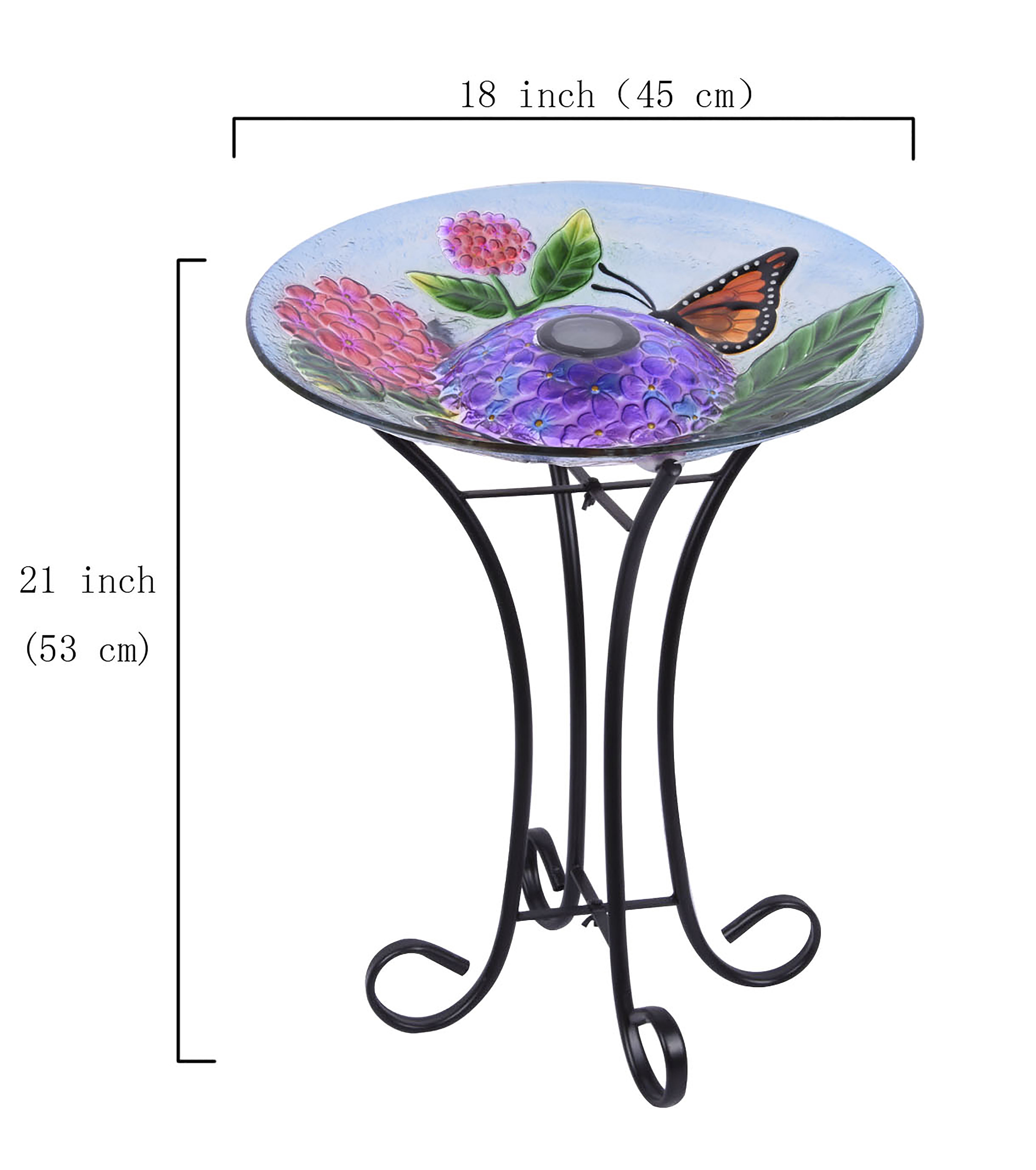 Hi-Line Gift Solar LED Glass Bird Bath with Stand, Floral