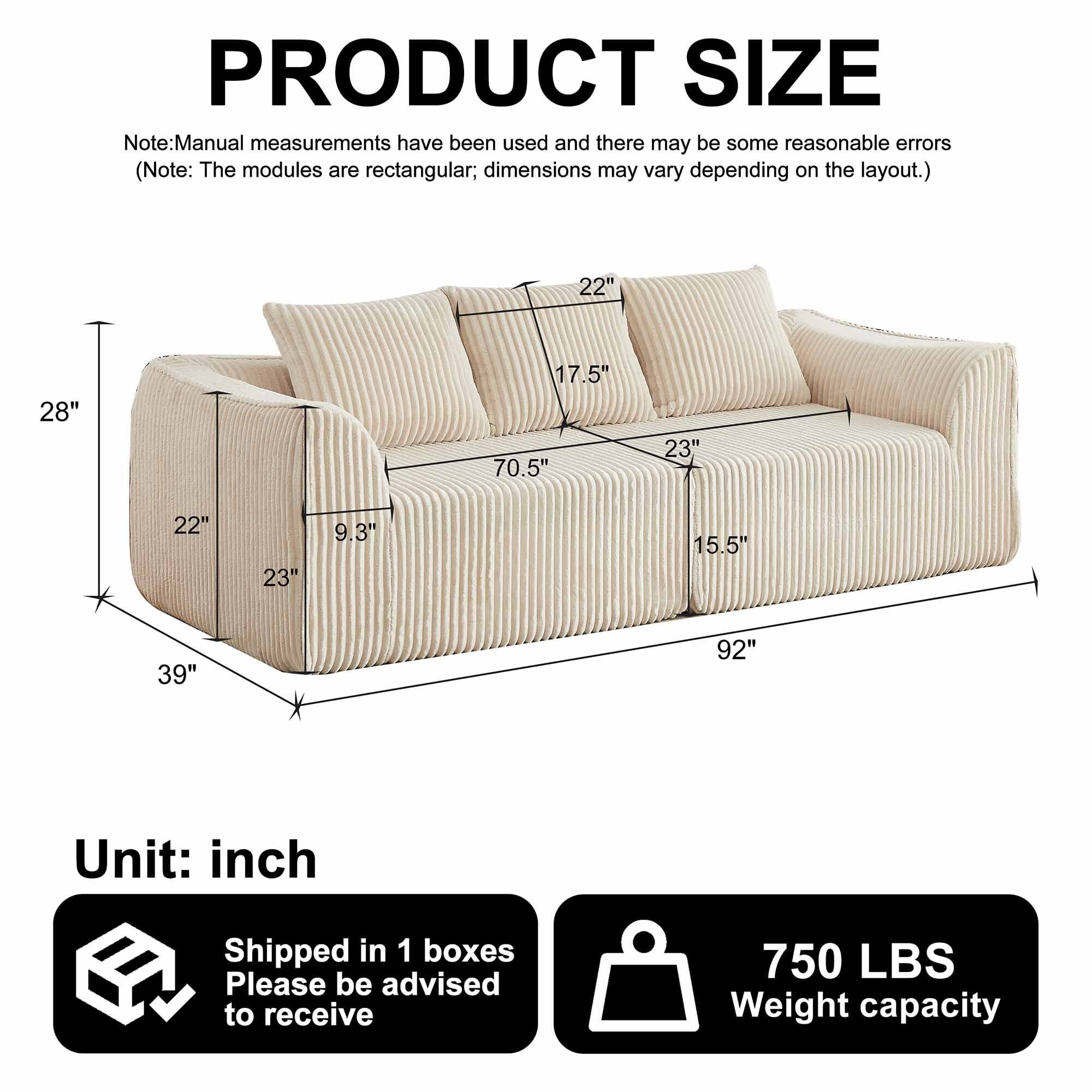 Lunale 3-Seater Modular Sectional Sofa, 92" Boneless Cloud Couch, No Assembly Required, Modern Corduroy Sofa for Living Room, Beige