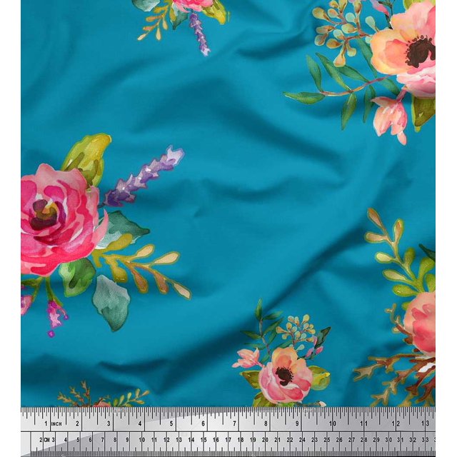 Soimoi Poly Georgette Fabric Leaves & Anemone Flower Print Sewing Fabric Yard 42 Inch Wide