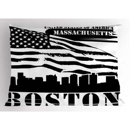 - Boston Pillow Sham Fluttering Grungy Design United States of America Flag Illustration with Text, Decorative Standard Size Printed Pillowcase, 26 X 20 Inches, Black and White, by Ambesonne