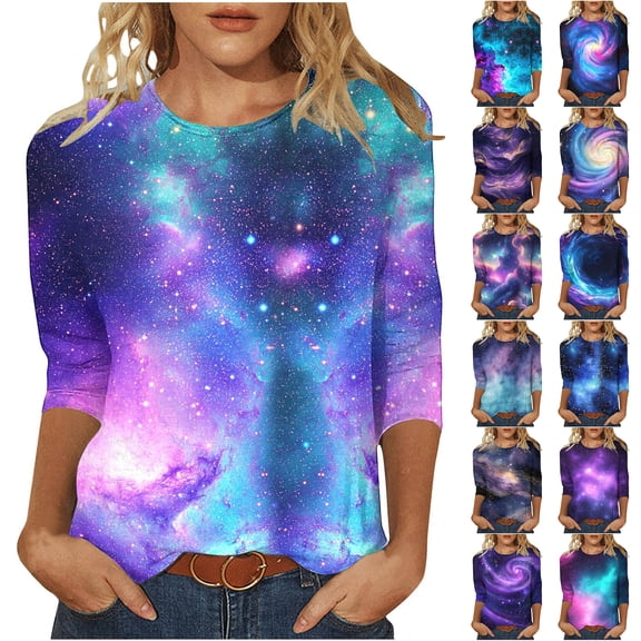 JTZGDY Summer Womens Fashion Galaxy Shirts Loose Fit Dressy Casual 3/4 Length Sleeve Oversized Crewneck 3D Novelty Printed T-Shirts Trendy Plus Size Graphic Tunic Blouse