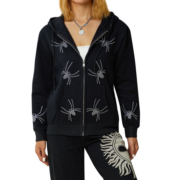 Liacowi Women Juniors Oversized Zip Up Sweatshirt Rhinestone Spider Print Hooded Jacket Long Sleeve Hoodies Outwear Streetwear for Teen