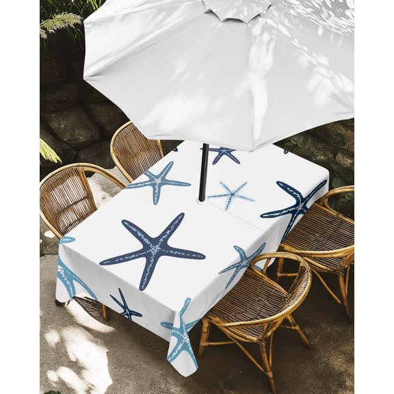 Outdoor Tablecloth with Umbrella Hole, Ocean Blue Black Starfish Zippered Table Cloth for Rectangle Tables, Summer Coastal Starfish Washable Waterproof Tablecloths for Picnic Patio Garden