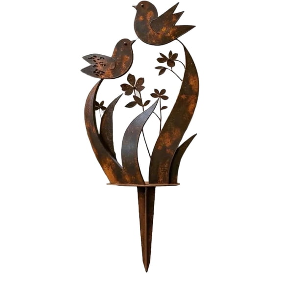 Metal Garden Stake, Bird and Wildflower Outdoor Plant Stake for Yard Lawn, Rustic Garden Art Ornament, Weather Resistant Decor (1pc)