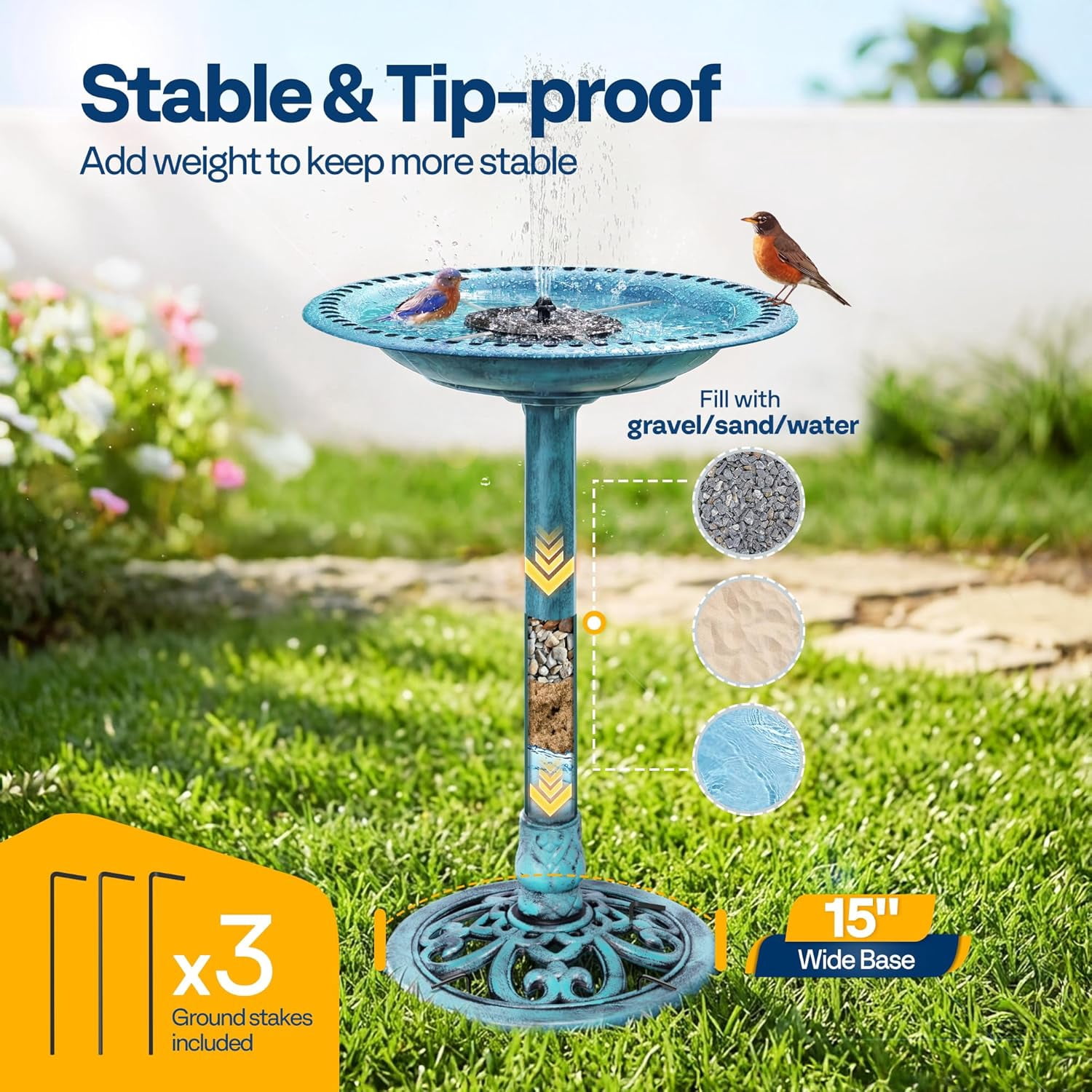 SPECSTAR Bird Bath, Polyresin Antique Outdoor Blue Garden Birdbath and Solar Powered Round Pond Fountain Combo Set