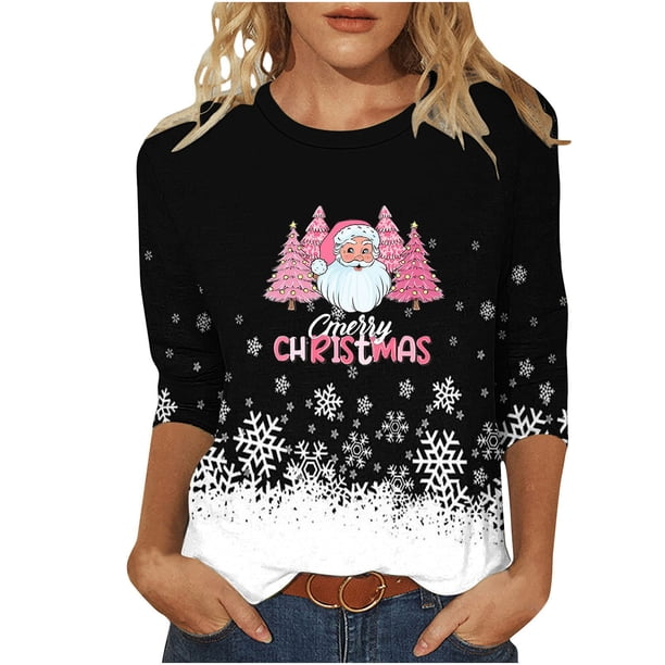 Camisetas de Navidad para Mujeres, 3/4 Manga Cuello Redondo Blusa con Estampado de Vacaciones, Top de Moda Casual