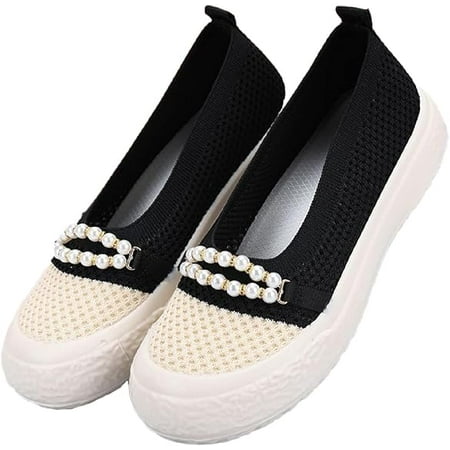 Women s Knit Pearl Platform Loafers Lightweight Comfortable Anti-Collision Round Toe Slip-On Soft Bottom Flat Shoes Casual Walking Mom Shoes