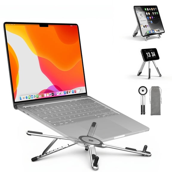 SupeDesk 3-in-1 Portable Laptop Stand with Magnetic Phone Holder & Tablet Stand, Aluminum Alloy Foldable Travel Stand with 8-Level Height Adjustment, Compatible with 4–16" Phone/Tablet/Laptop