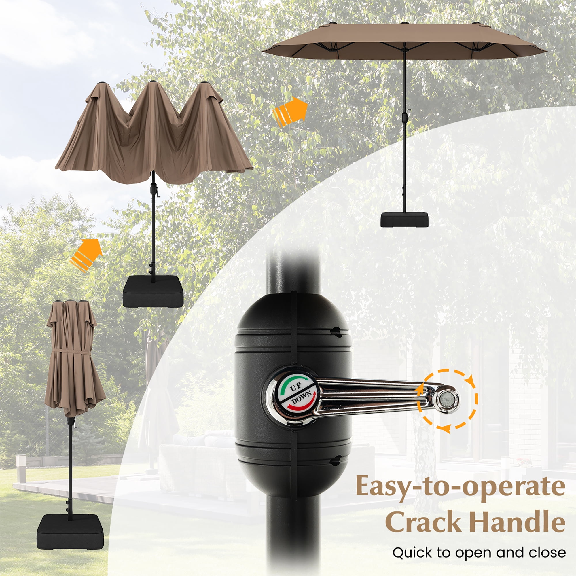 Gymax 13FT Double-sided Patio Umbrella w/ Crank Handle Umbrella Base Safety Lock Tan