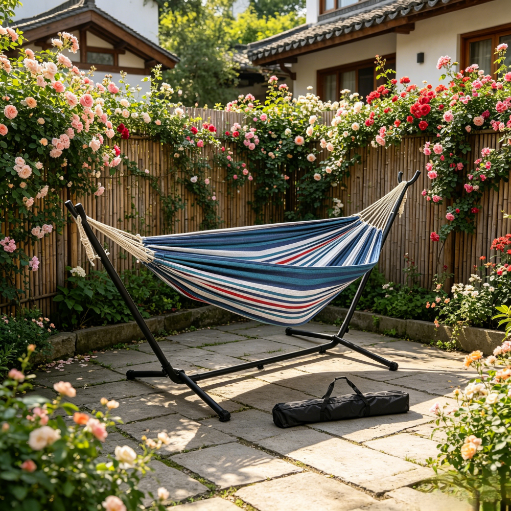 Double Hammock with Stand 108.7In 550Lb Capacity 2Person Heavy Duty Steel Frame Blue Purple Cotton Polyester Blend Portable Carrying Bag Included Indoor Outdoor Patio Backyard Easy Assembly Tool Free