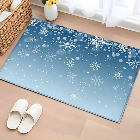 2x3 Ft Entryway Area Rug, Blue Ombre Christmas Snowflake Kitchen Rug Runner Washable Floor Mat, Winter Snowflake Xmas Non Slip Indoor Door Mat Throw Carpet for Bathroom Living Room Bedroom