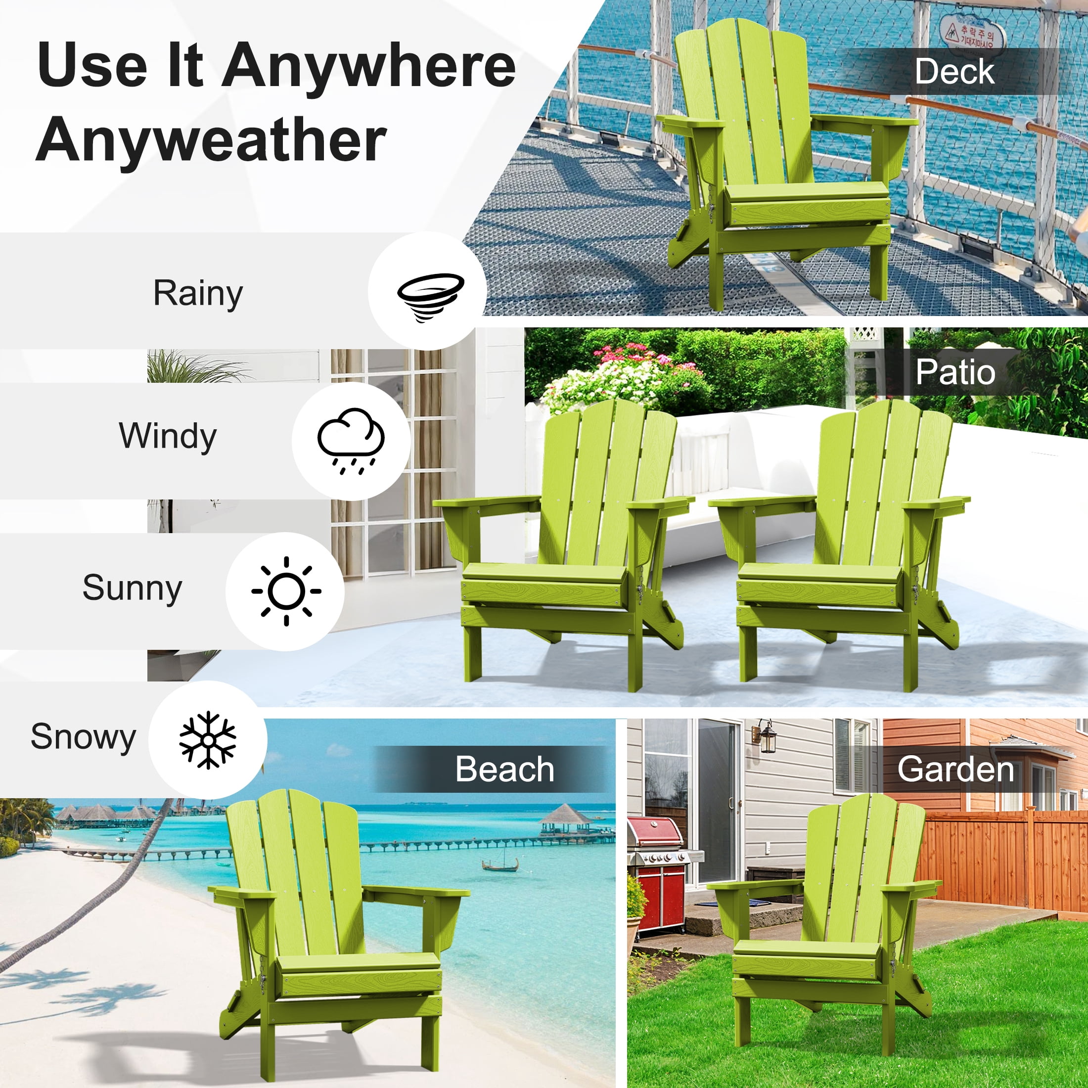 JUSTLET Adirondack Chair, 4PC Plastic Folding Outdoor Patio Chairs, Outside HDPE Chairs for Lawn, Yard, Apple Green