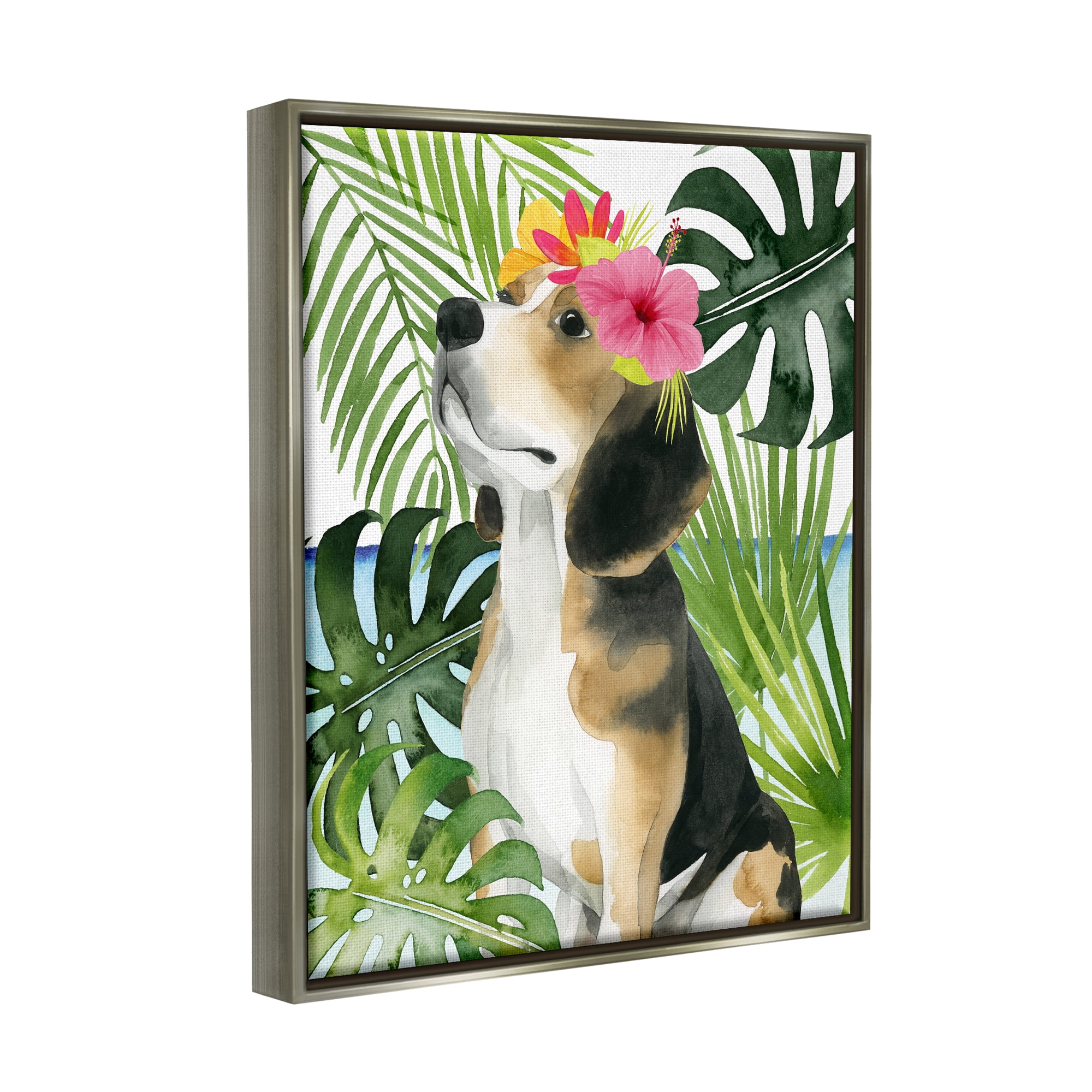 Stupell Industries Puppy with Hibiscus Animals & Insects Painting Gray Floater Framed Canvas Art Print Wall Art, 25 x 31