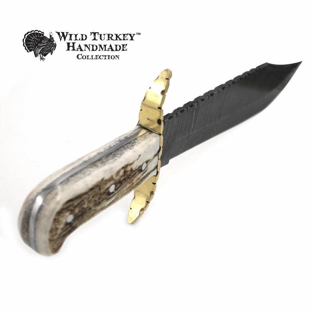Wild Turkey Handmade Damascus Collection Fixed Blade Stag Handle Hunting Knife