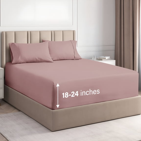 AUQ 4-Piece Extra Deep Pocket Sheet Set,Queen Size,Breathable and Cooling Bed Sheets,Fits 18"-24" Mattresses,Mauve,Soft Cotton for Comfortable Sleep