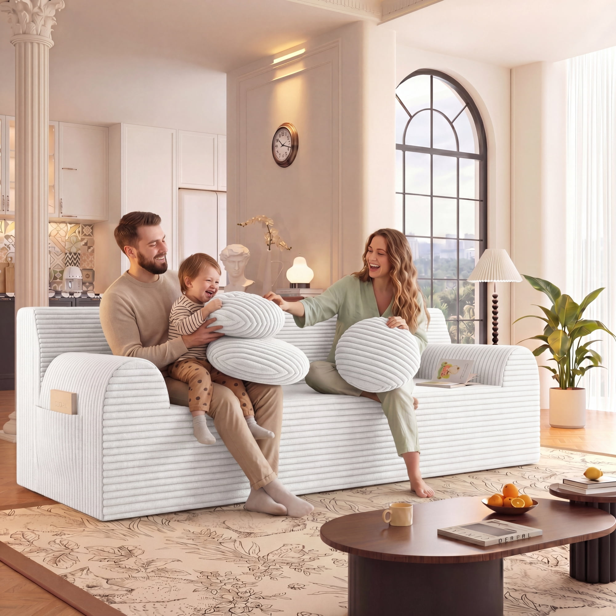 HOQBN Boneless Sofa Couch for Living Room,71" 3 Seater Sofa with Deep Seat Design and 3 Round Pillows,Comfy Corduroy Fabric Loveseat Couch,No Assembly,Cream White