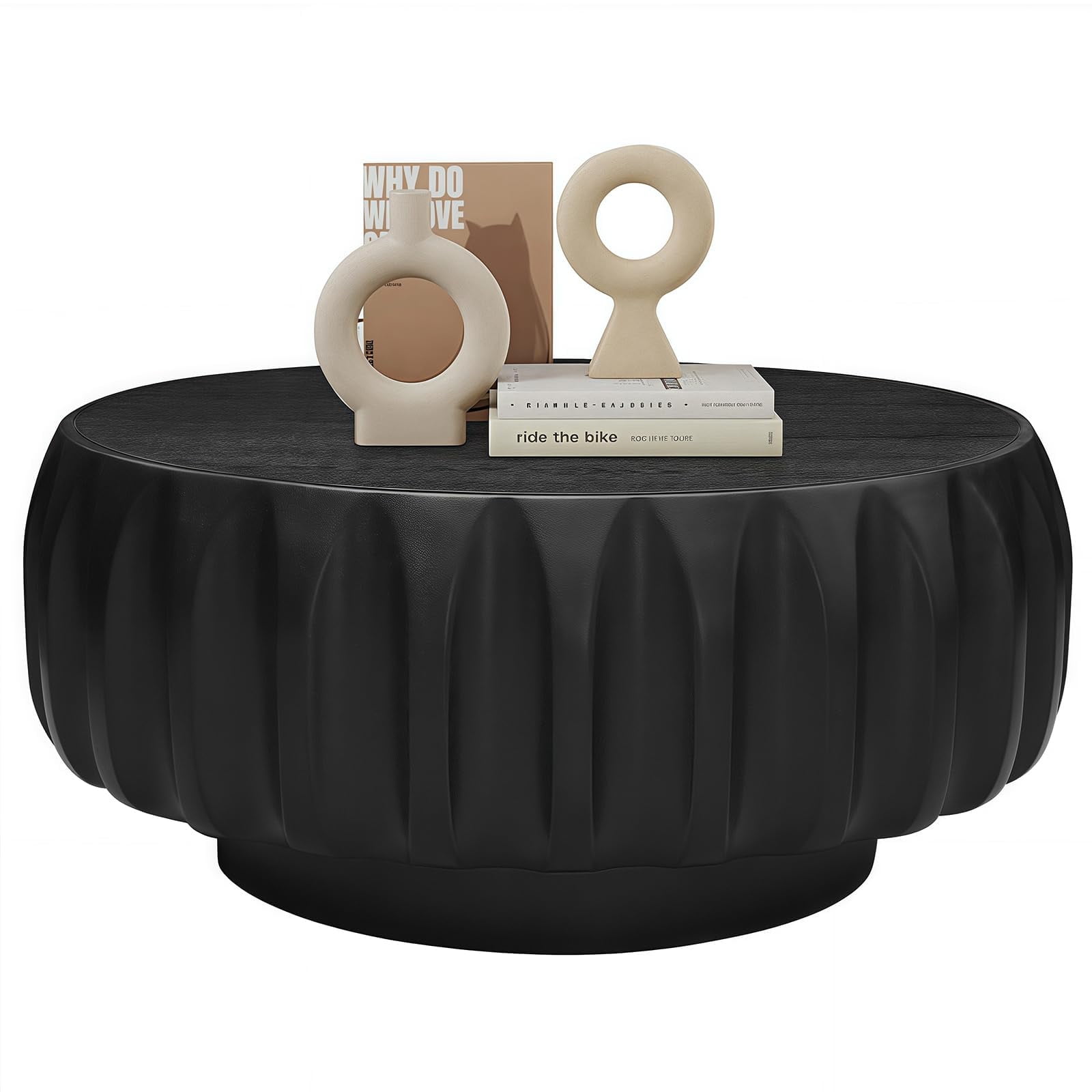 31.5" Round Drum Coffee Table, Fluted Design with Black Solid Wood Veneer for Contemporary Living Room