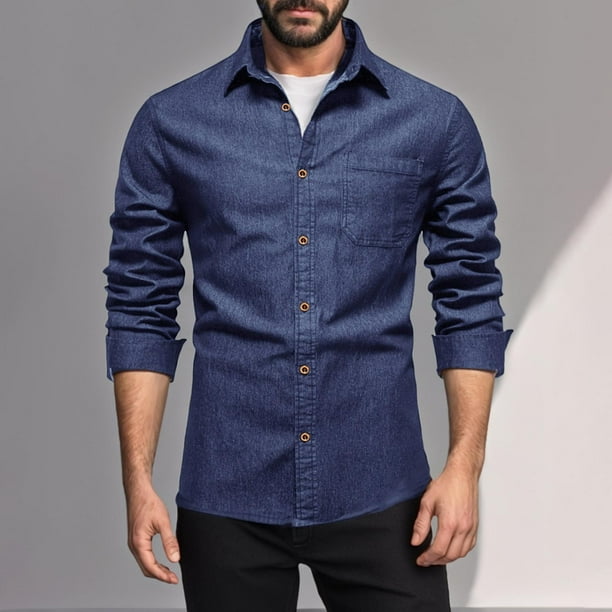 pstuiky camisas de manga larga para hombre, Camiseta lisa de manga larga con cuello vuelto para hombre, blusa informal, elegante, cómoda, con bolsillos y botones top de hombre xxxl